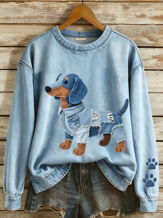 Damska bluza z denimem patchwork art jamnik wzór