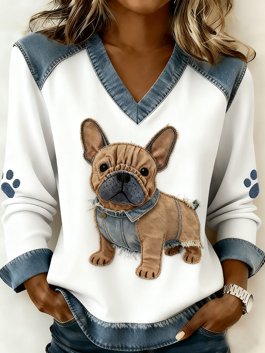 Damski dekolt w stylu retro z dekoltem w serek Patchwork z nadrukiem zwierzęcym, swobodny top komfortowy