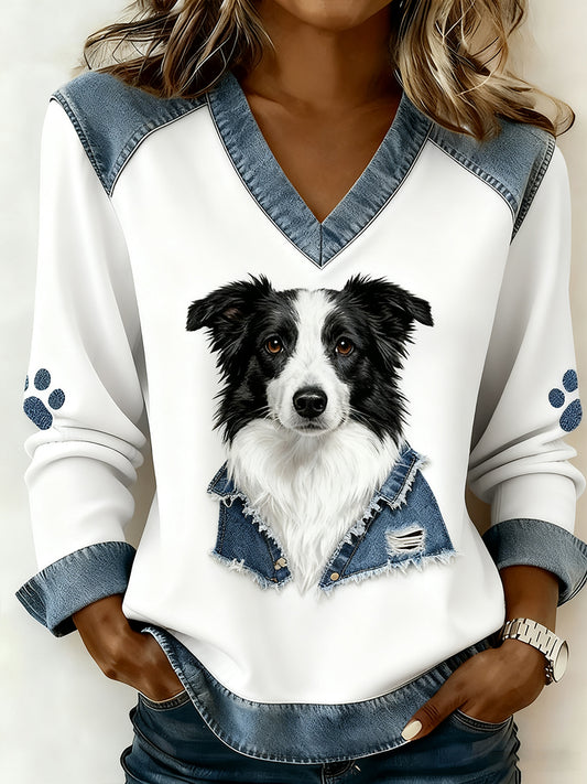 Damski dekolt w stylu retro z dekoltem w serek Patchwork z nadrukiem zwierzęcym, swobodny top komfortowy