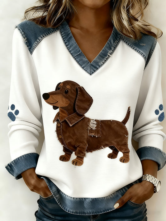 Damski dekolt w stylu retro z dekoltem w serek Patchwork z nadrukiem zwierzęcym, swobodny top komfortowy