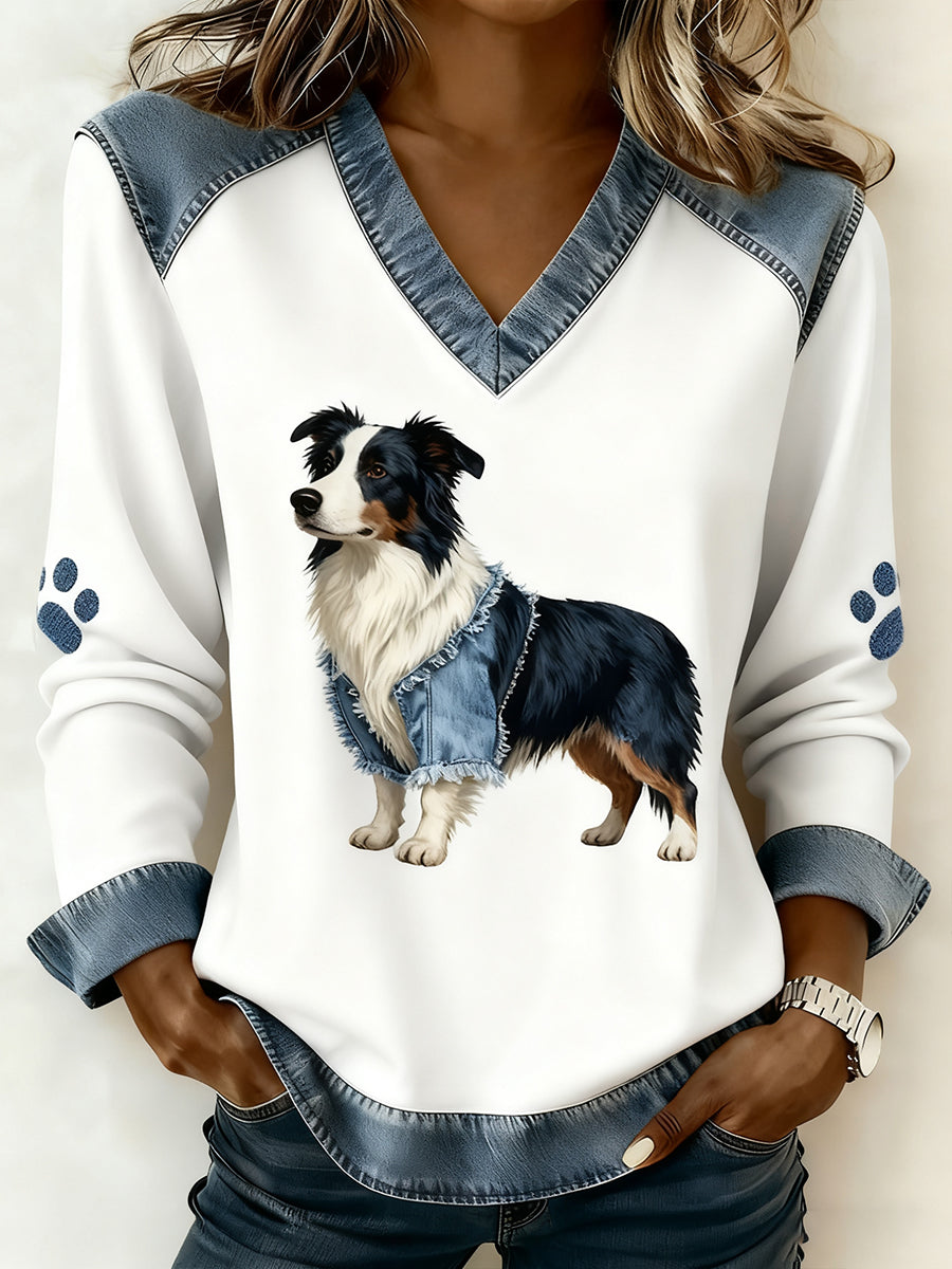 Damski dekolt w stylu retro z dekoltem w serek Patchwork z nadrukiem zwierzęcym, swobodny top komfortowy