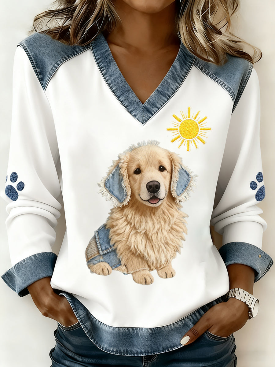 Damski dekolt w stylu retro z dekoltem w serek Patchwork z nadrukiem zwierzęcym, swobodny top komfortowy