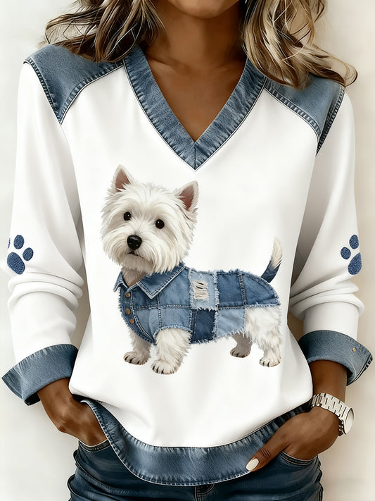 Damski dekolt w stylu retro z dekoltem w serek Patchwork z nadrukiem zwierzęcym, swobodny top komfortowy