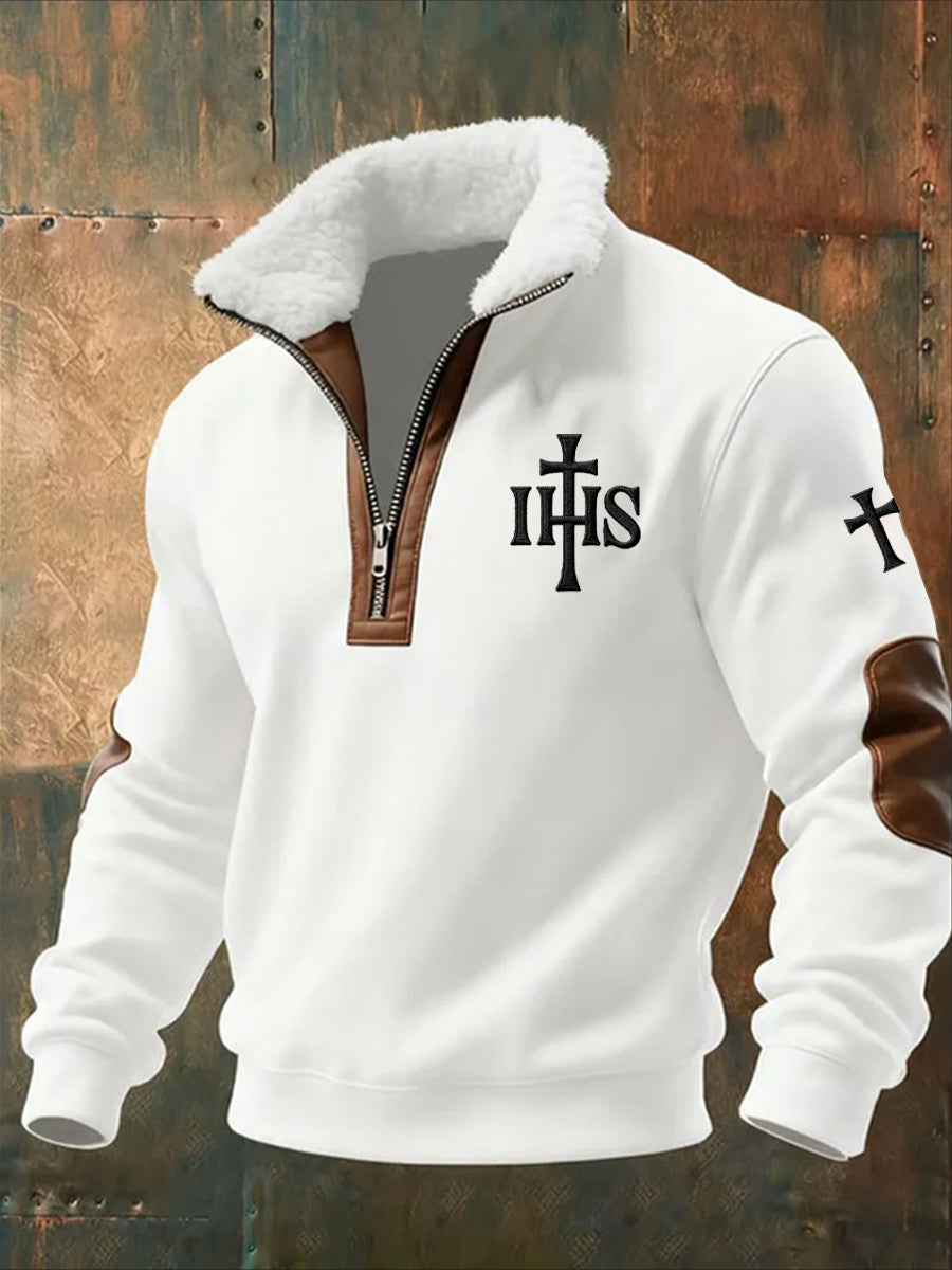 Męska bluza z polarowym kołnierzem z nadrukiem w stylu vintage