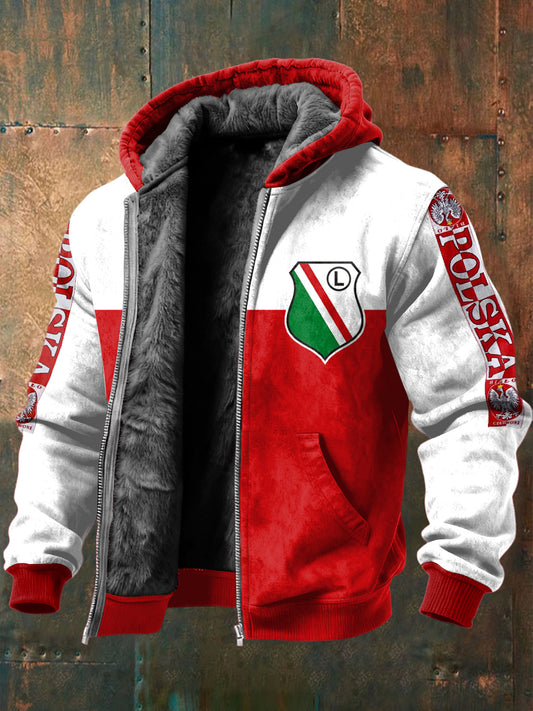 Retro polska kurtka z kapturem z godłem warszawskim z polarem