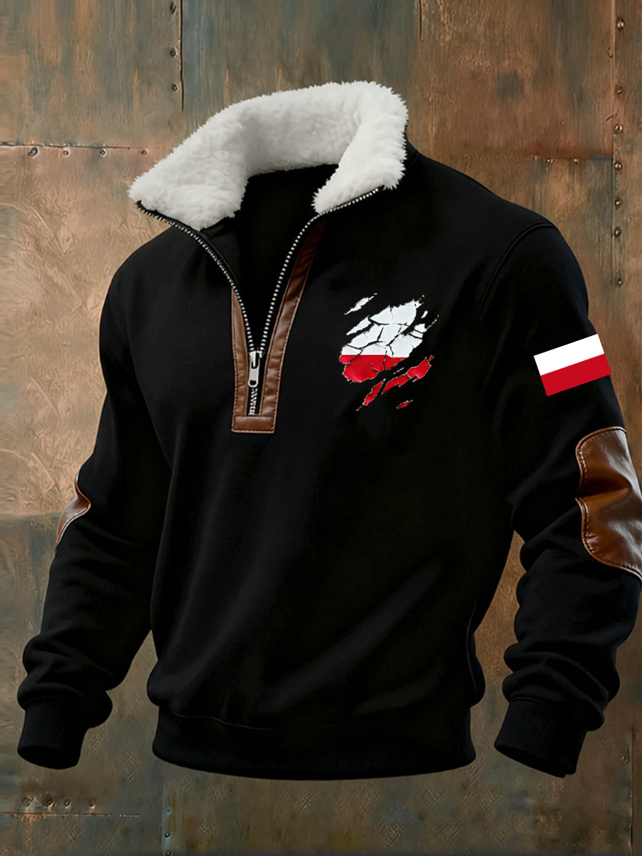 Męska bluza z polarowym kołnierzem z nadrukiem w stylu vintage