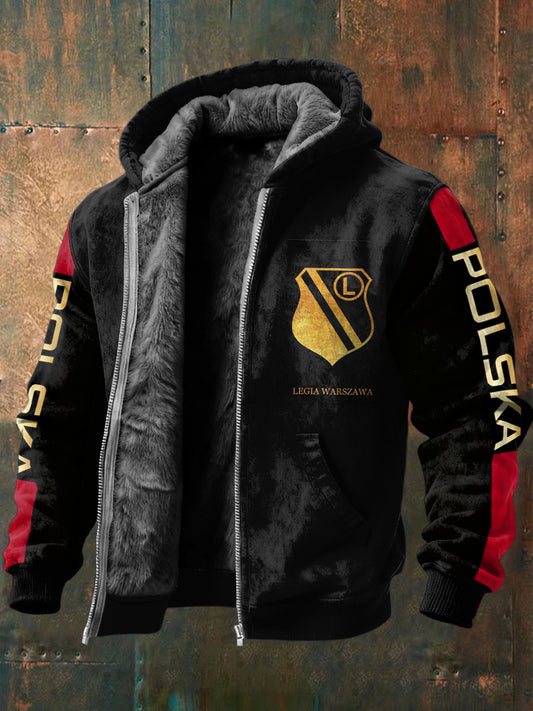 Kurtka z kapturem z patchworkiem z polarem w stylu retro polska piłka nożna