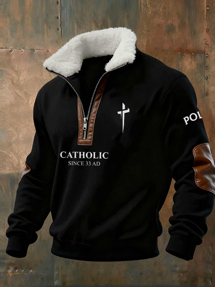 Męska bluza z polarowym kołnierzem z nadrukiem w stylu vintage