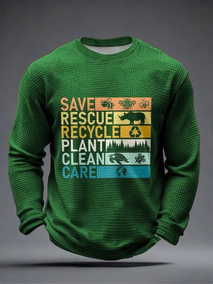 Męska koszulka z długim rękawem Save Rescue Recycle Plant Clean Care Print Waffle
