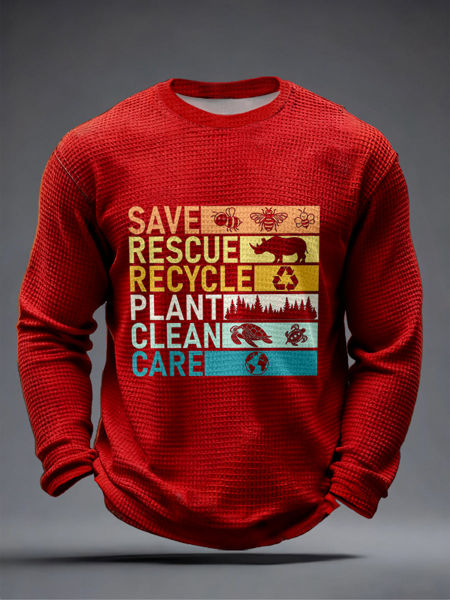 Męska koszulka z długim rękawem Save Rescue Recycle Plant Clean Care Print Waffle