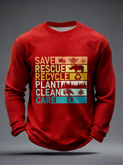 Męska koszulka z długim rękawem Save Rescue Recycle Plant Clean Care Print Waffle