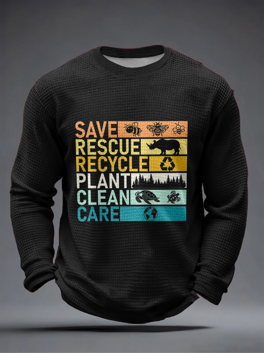 Męska koszulka z długim rękawem Save Rescue Recycle Plant Clean Care Print Waffle