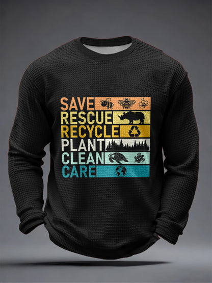 Męska koszulka z długim rękawem Save Rescue Recycle Plant Clean Care Print Waffle