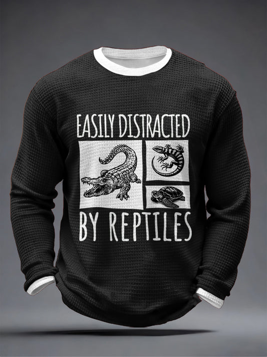 Męska łatwo rozdręczona przez Gady Print Waffle z długim rękawem T-Shirt