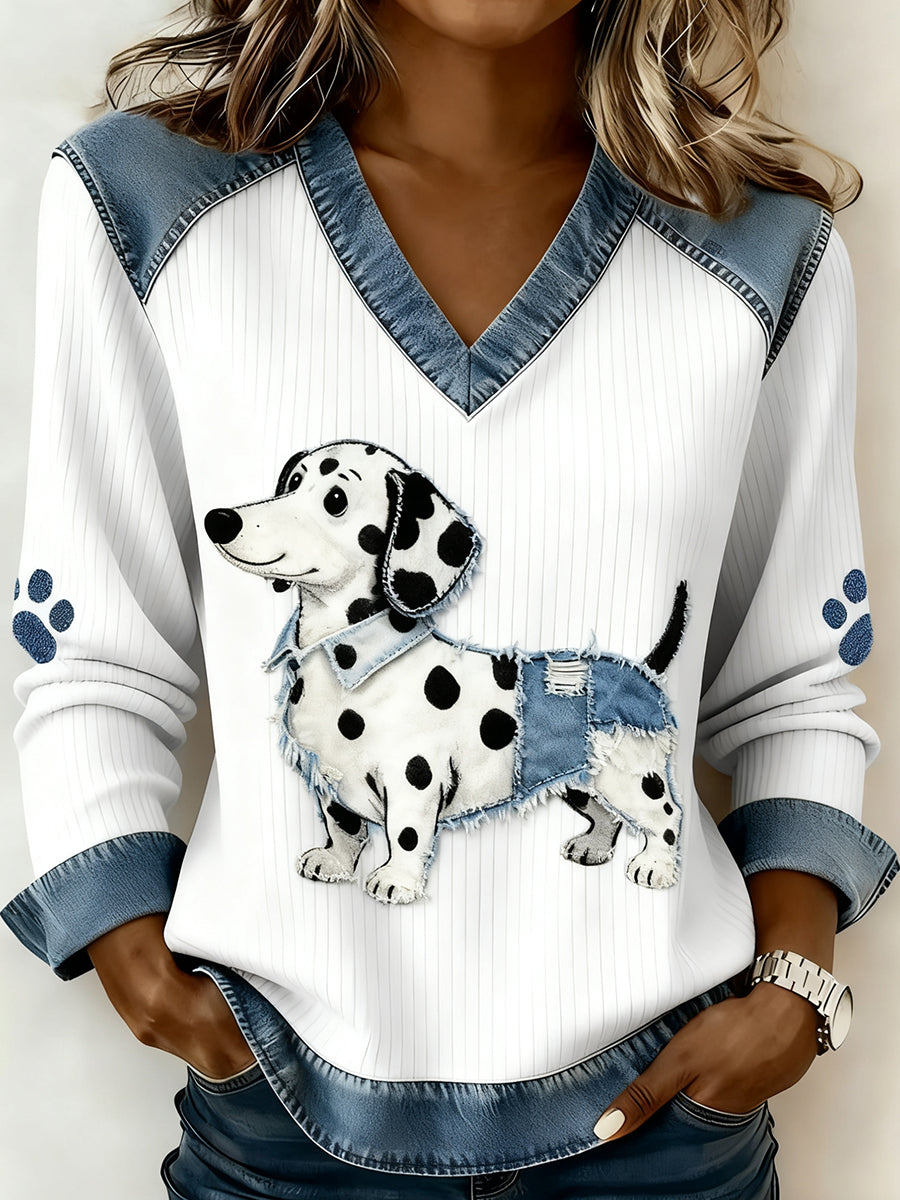 Damski dekolt w stylu retro z dekoltem w serek Patchwork z nadrukiem zwierzęcym, swobodny top komfortowy