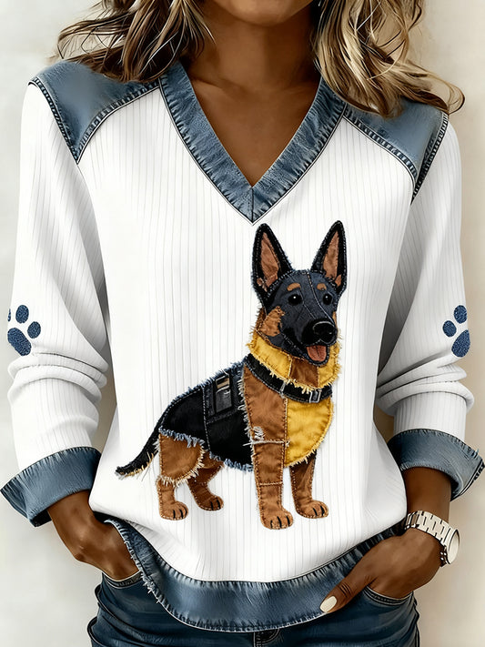 Damski dekolt w stylu retro z dekoltem w serek Patchwork z nadrukiem zwierzęcym, swobodny top komfortowy