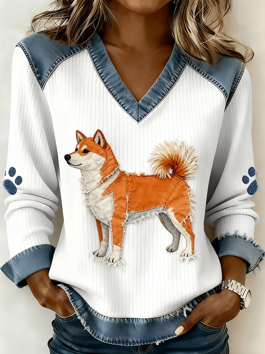 Damski dekolt w stylu retro z dekoltem w serek Patchwork z nadrukiem zwierzęcym, swobodny top komfortowy