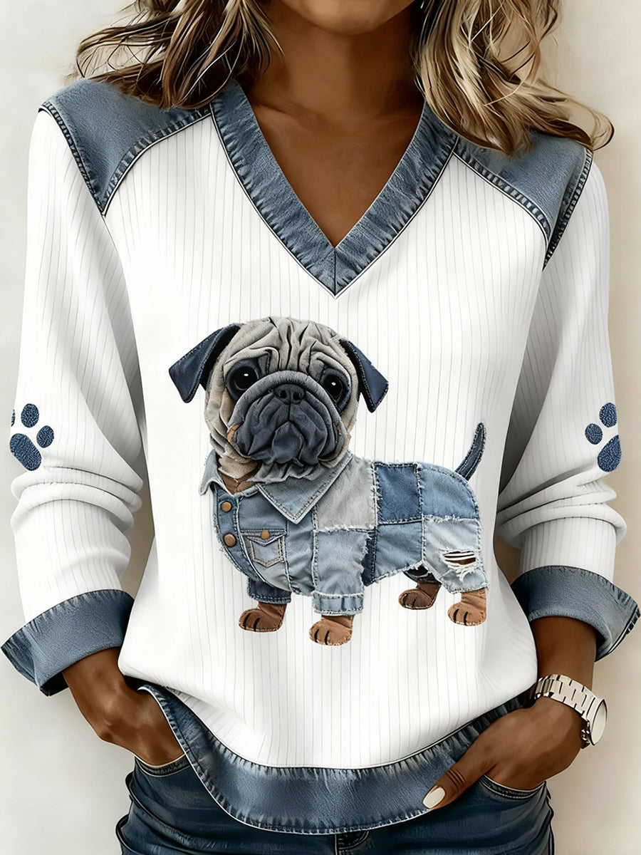 Damski dekolt w stylu retro z dekoltem w serek Patchwork z nadrukiem zwierzęcym, swobodny top komfortowy