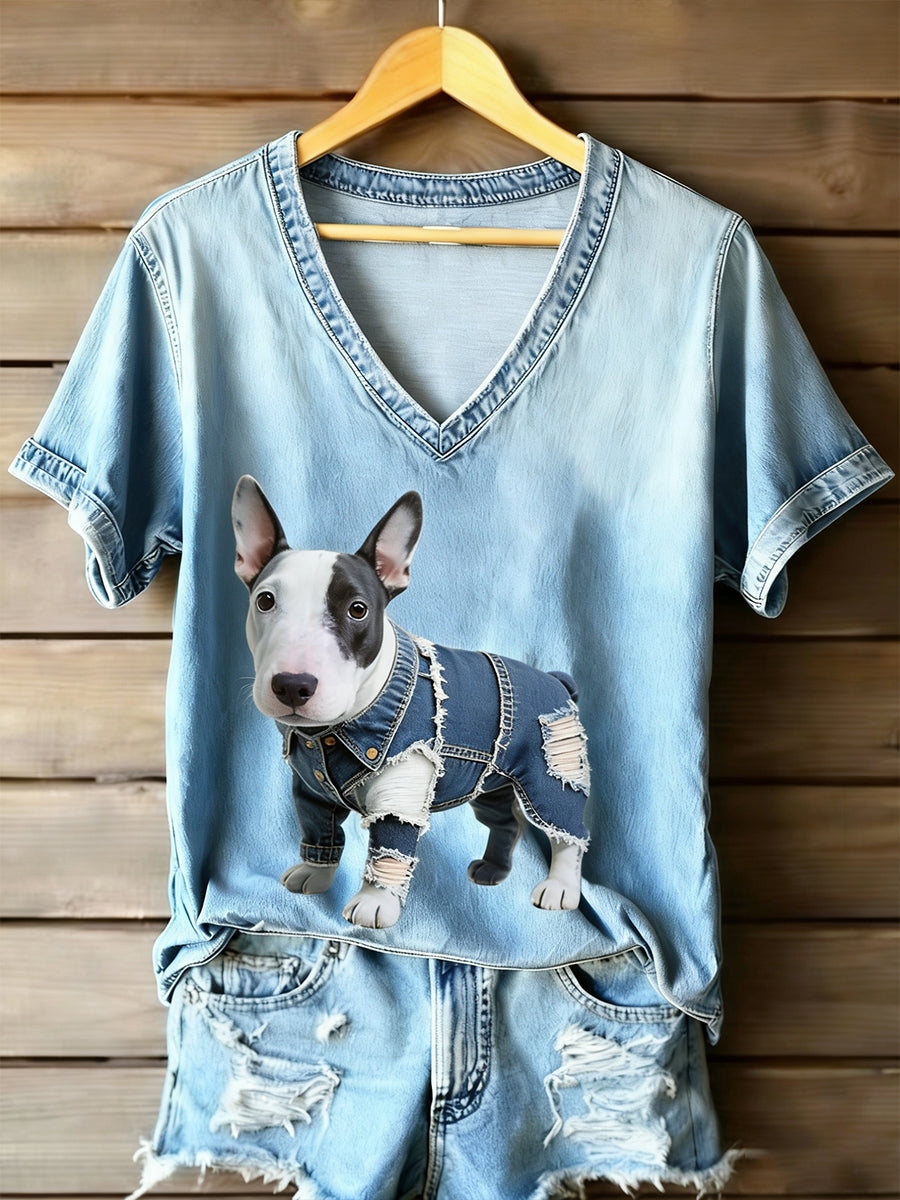 Damski Bull Terrier Denim Patchwork Casual T-Shirt
