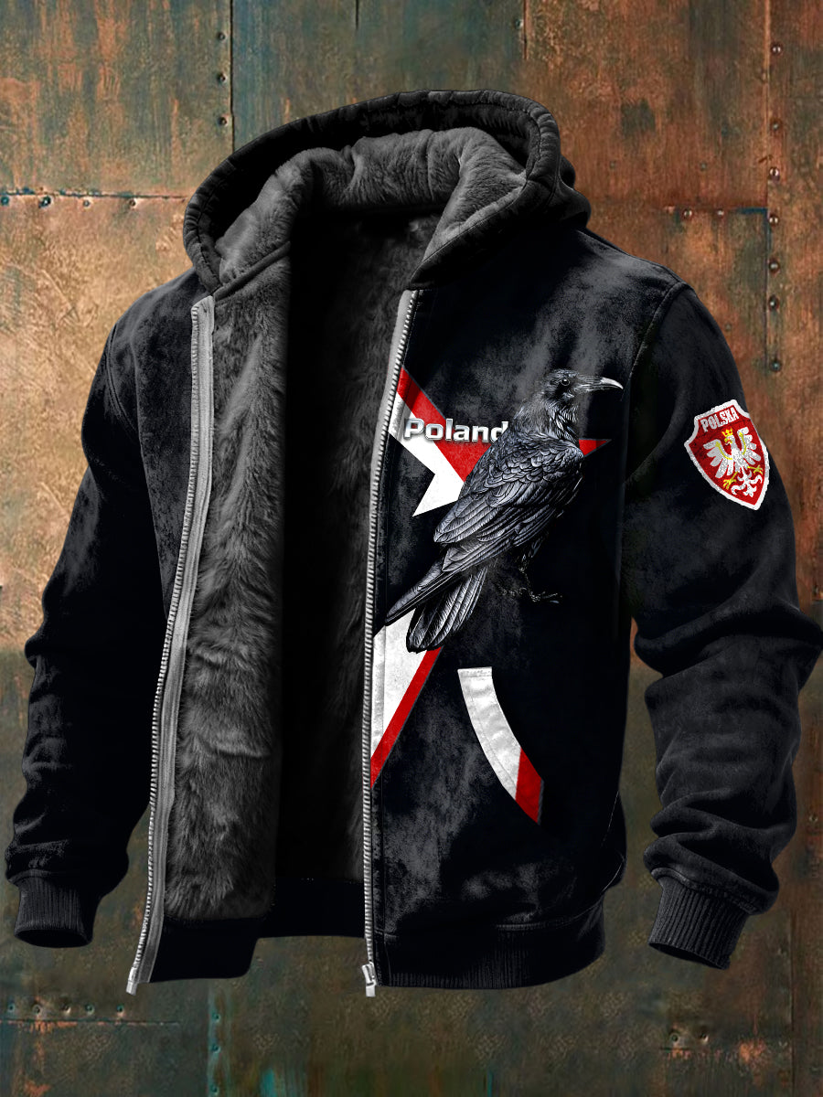 Męska flaga Polska Raven Print Czarna kurtka z polarową podszewką