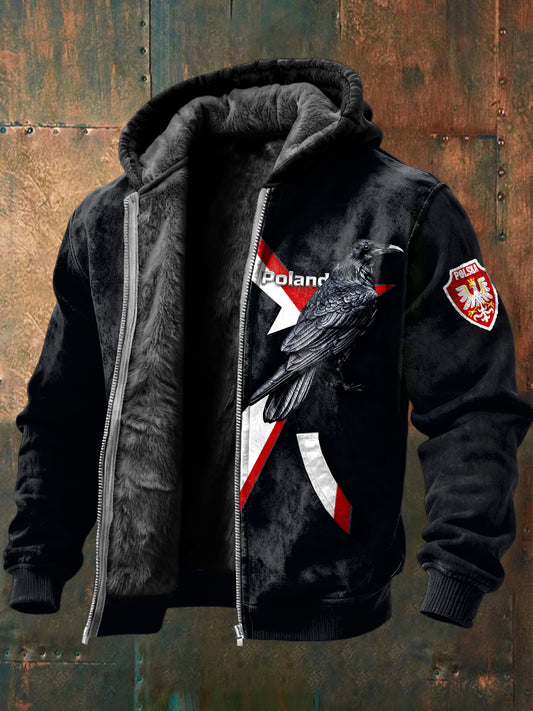 Męska flaga Polska Raven Print Czarna kurtka z polarową podszewką