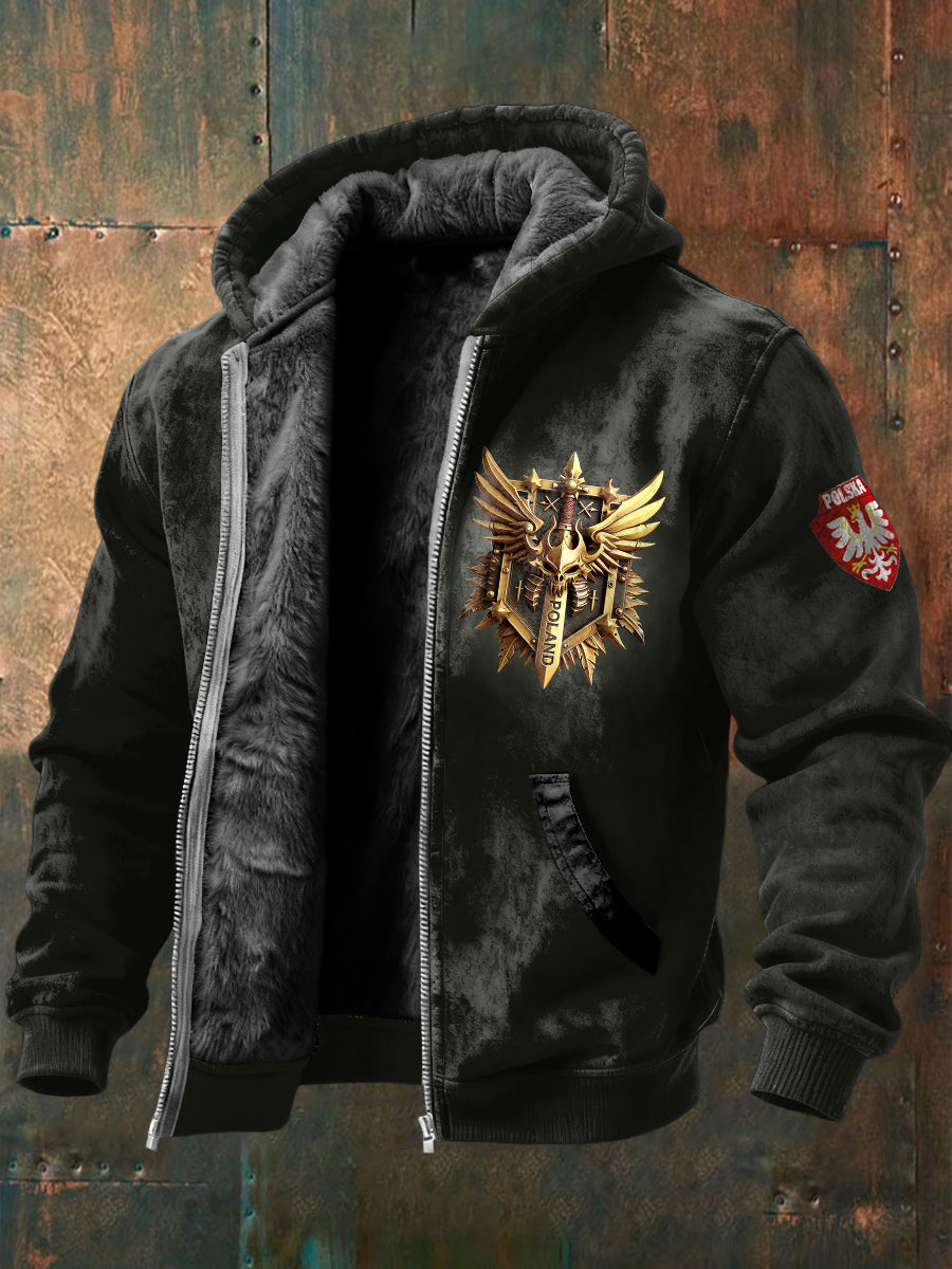 Męska czarna kurtka z kapturem z polarowym nadrukiem