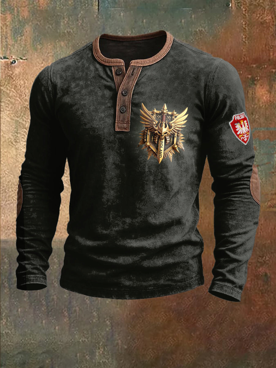 Męska czarna bluza patchworkowa z polskim nadrukiem w stylu vintage