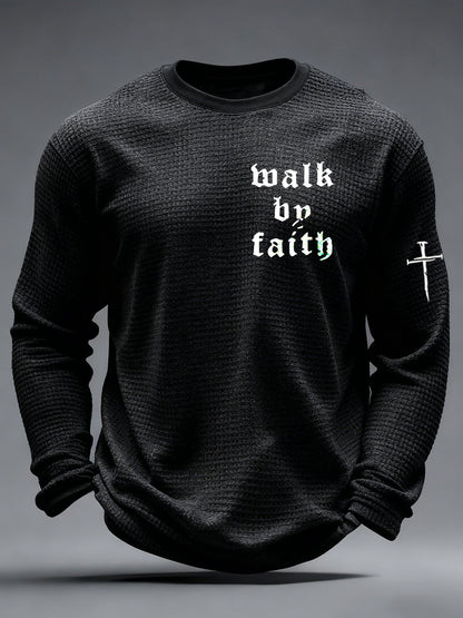 Męska koszulka z długim rękawem Christian Walk By Faith Cross Print Waffle