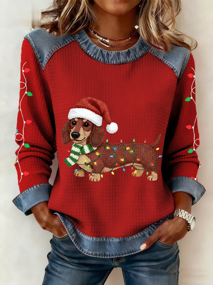 Damskie lampki bożonarodzeniowe Jamnik z nadrukiem Casual Denim Patchwork Top