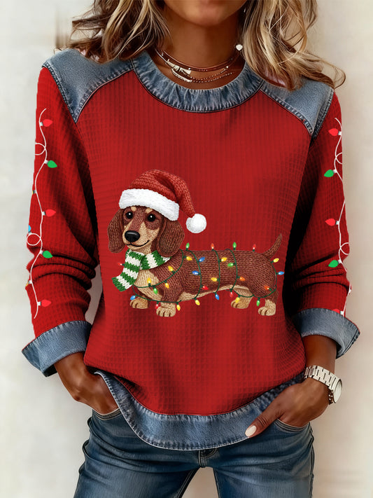 Damskie lampki bożonarodzeniowe Jamnik z nadrukiem Casual Denim Patchwork Top