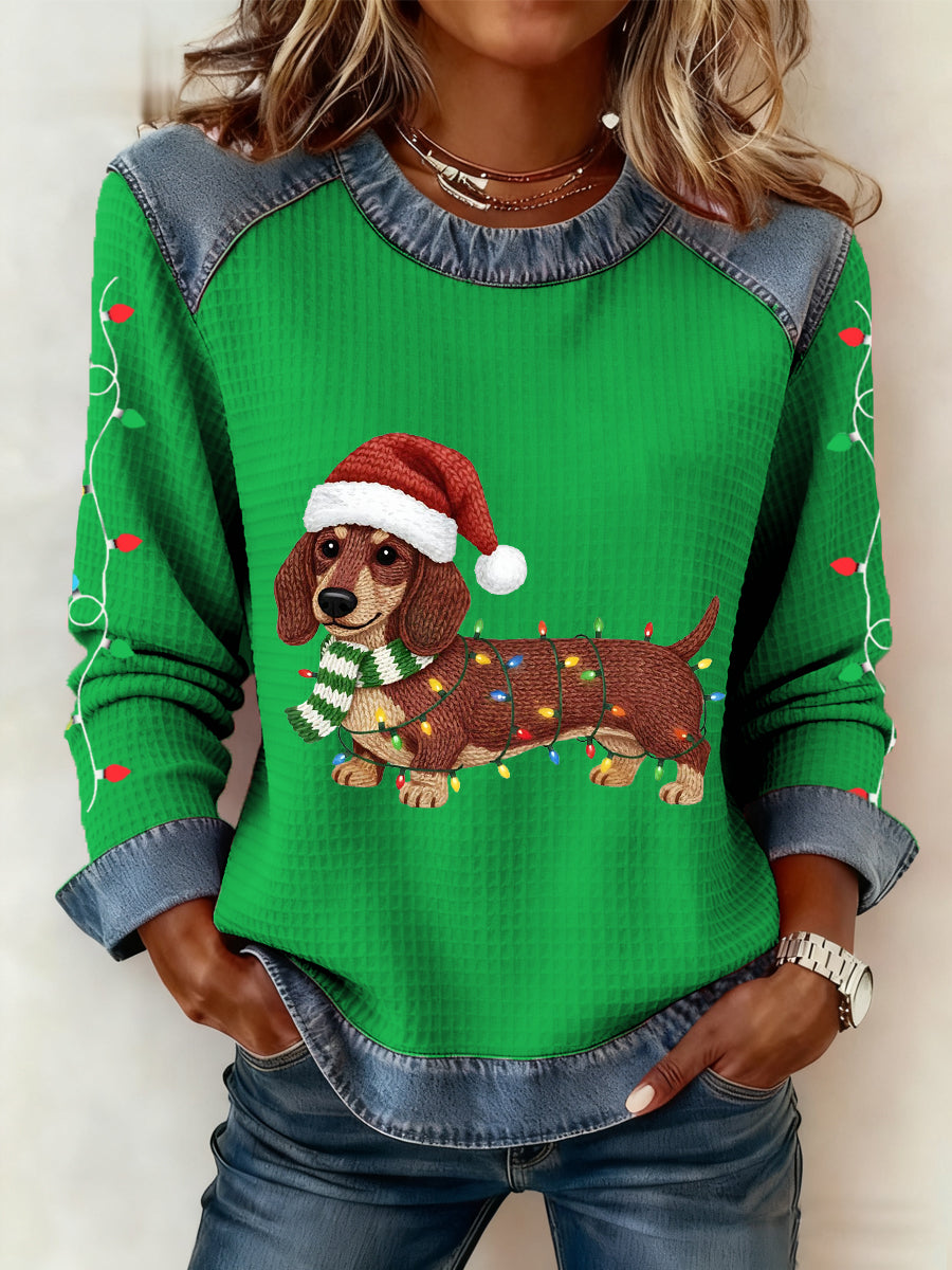 Damskie lampki bożonarodzeniowe Jamnik z nadrukiem Casual Denim Patchwork Top