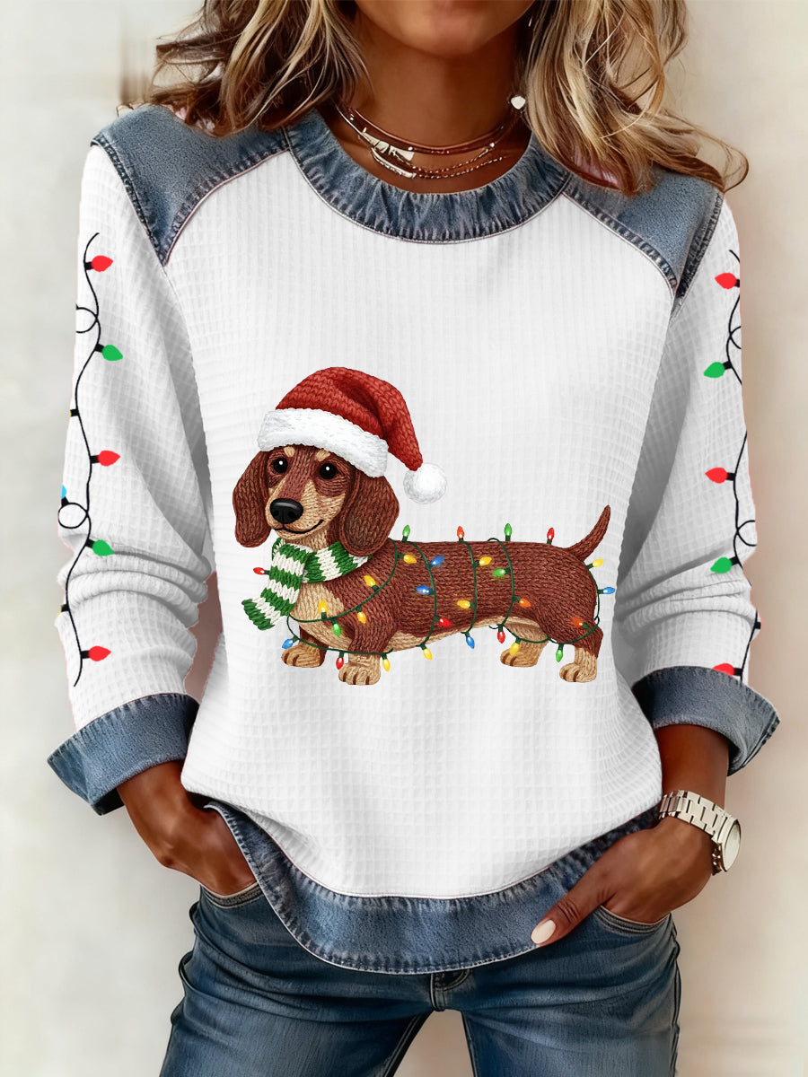 Damskie lampki bożonarodzeniowe Jamnik z nadrukiem Casual Denim Patchwork Top