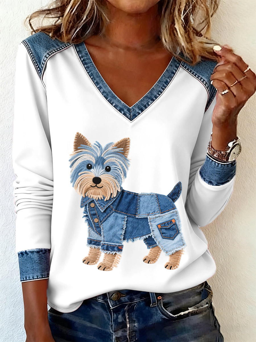 Damski jeansowy patchwork art Yorkshire terrier pies wzór dekolt w serek z długim rękawem T-Shirt
