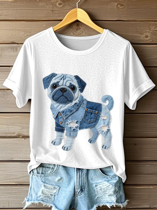 Damski piękny mops pies jeansowy patchwork T-Shirt