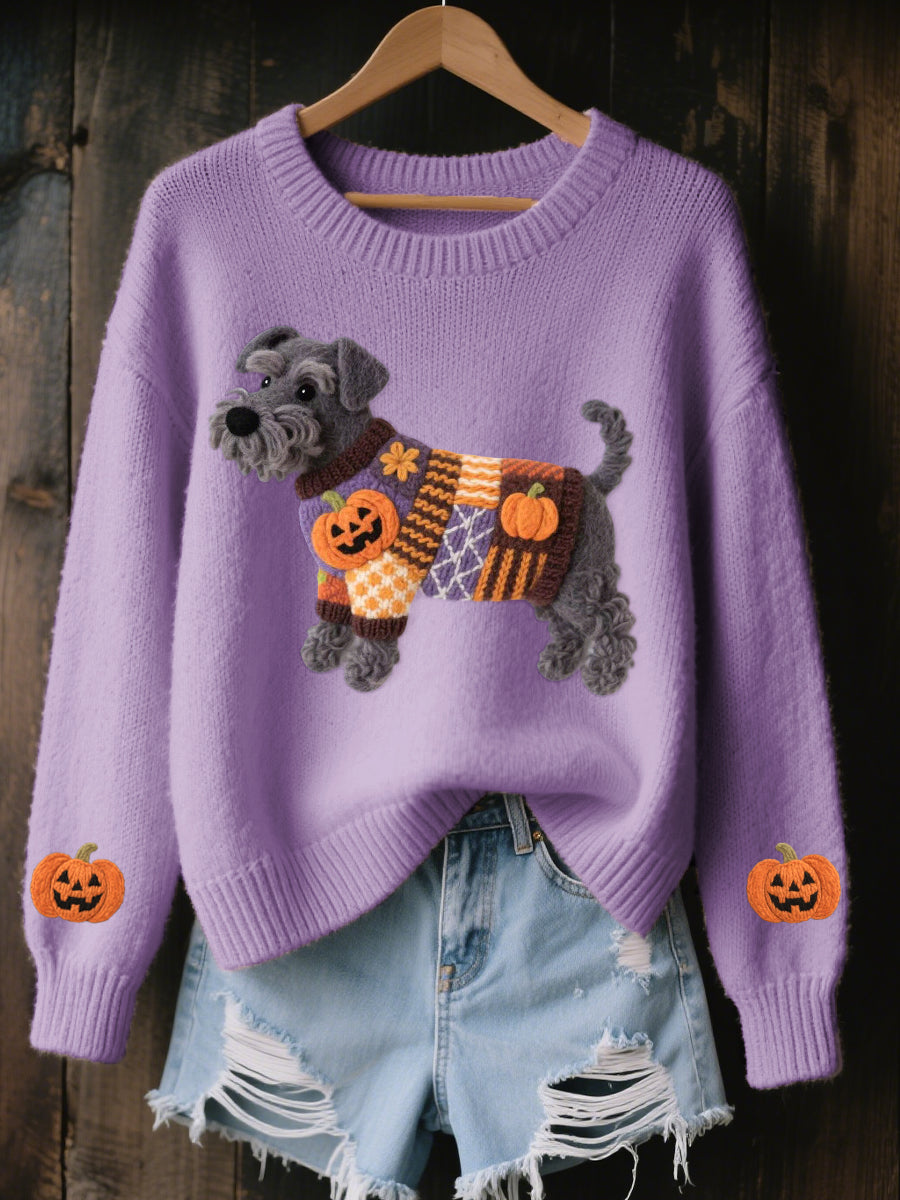 Damski halloweenowy inspirowany sznaucerem pies filcowy, przytulny sweter z dzianiny