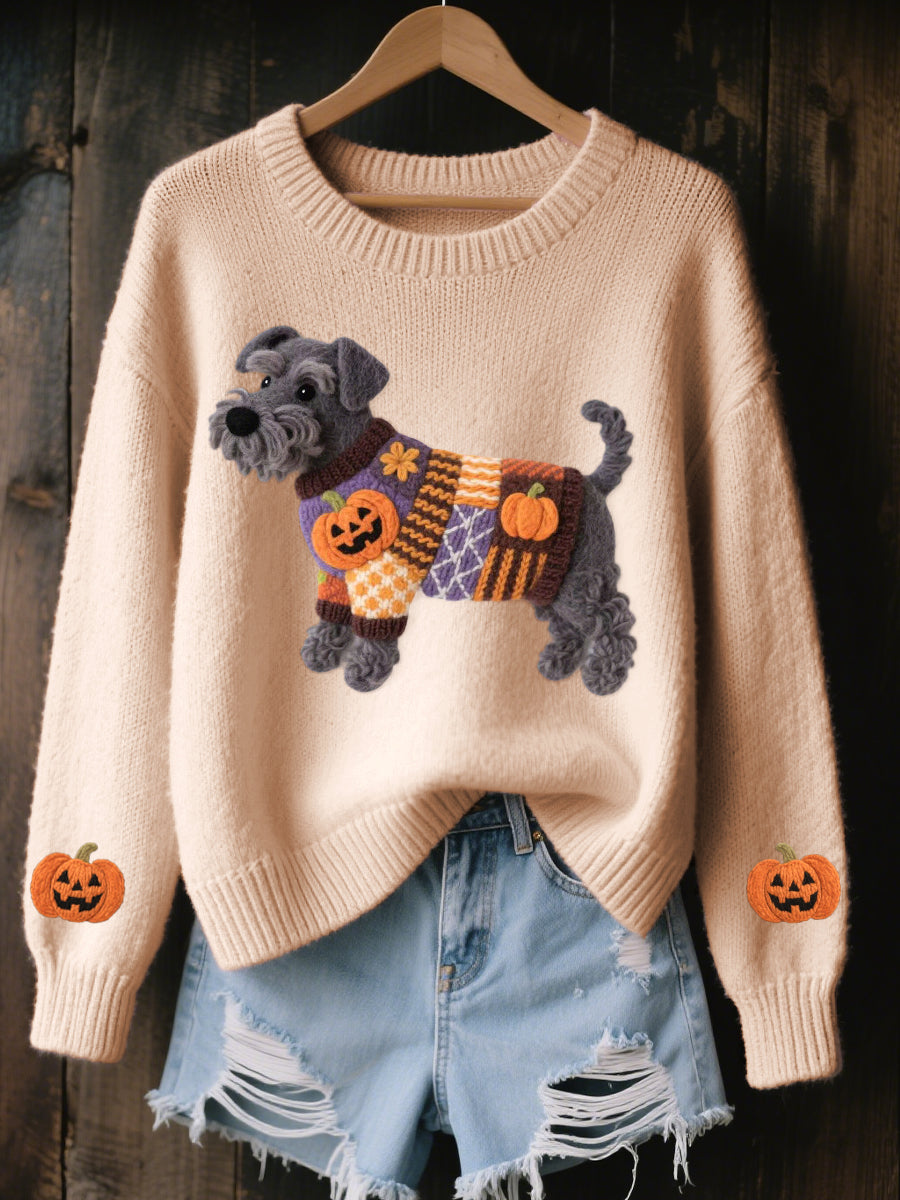 Damski halloweenowy inspirowany sznaucerem pies filcowy, przytulny sweter z dzianiny