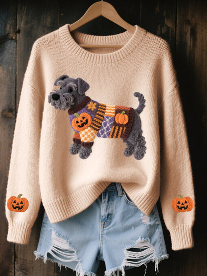 Damski halloweenowy inspirowany sznaucerem pies filcowy, przytulny sweter z dzianiny