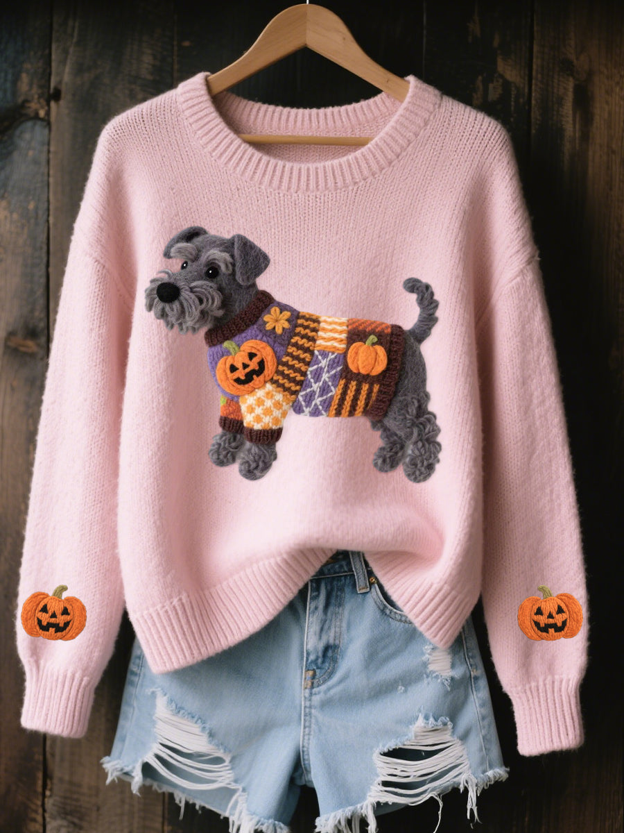 Damski halloweenowy inspirowany sznaucerem pies filcowy, przytulny sweter z dzianiny