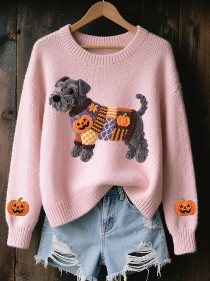 Damski halloweenowy inspirowany sznaucerem pies filcowy, przytulny sweter z dzianiny