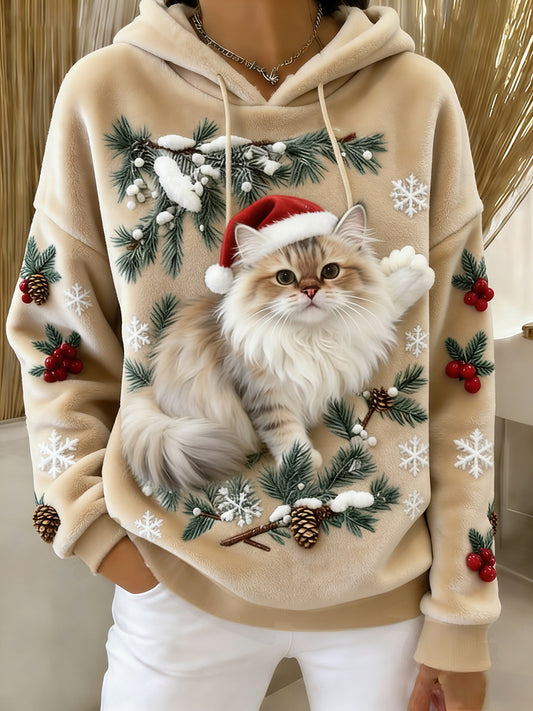 Damska wygodna flanelowa bluza z kapturem Retro Animal Art Print