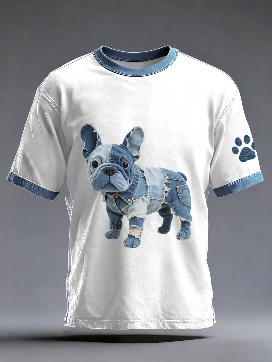 Męski jeansowy patchwork wzór buldog francuski umyty T-Shirt
