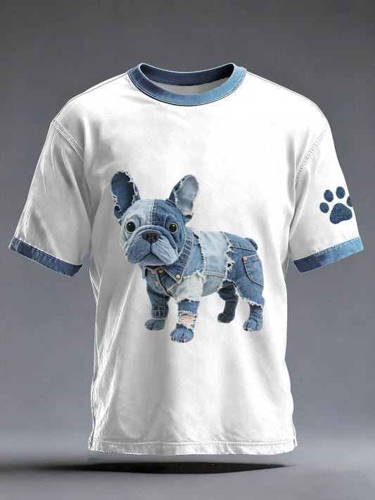 Męski jeansowy patchwork wzór buldog francuski umyty T-Shirt