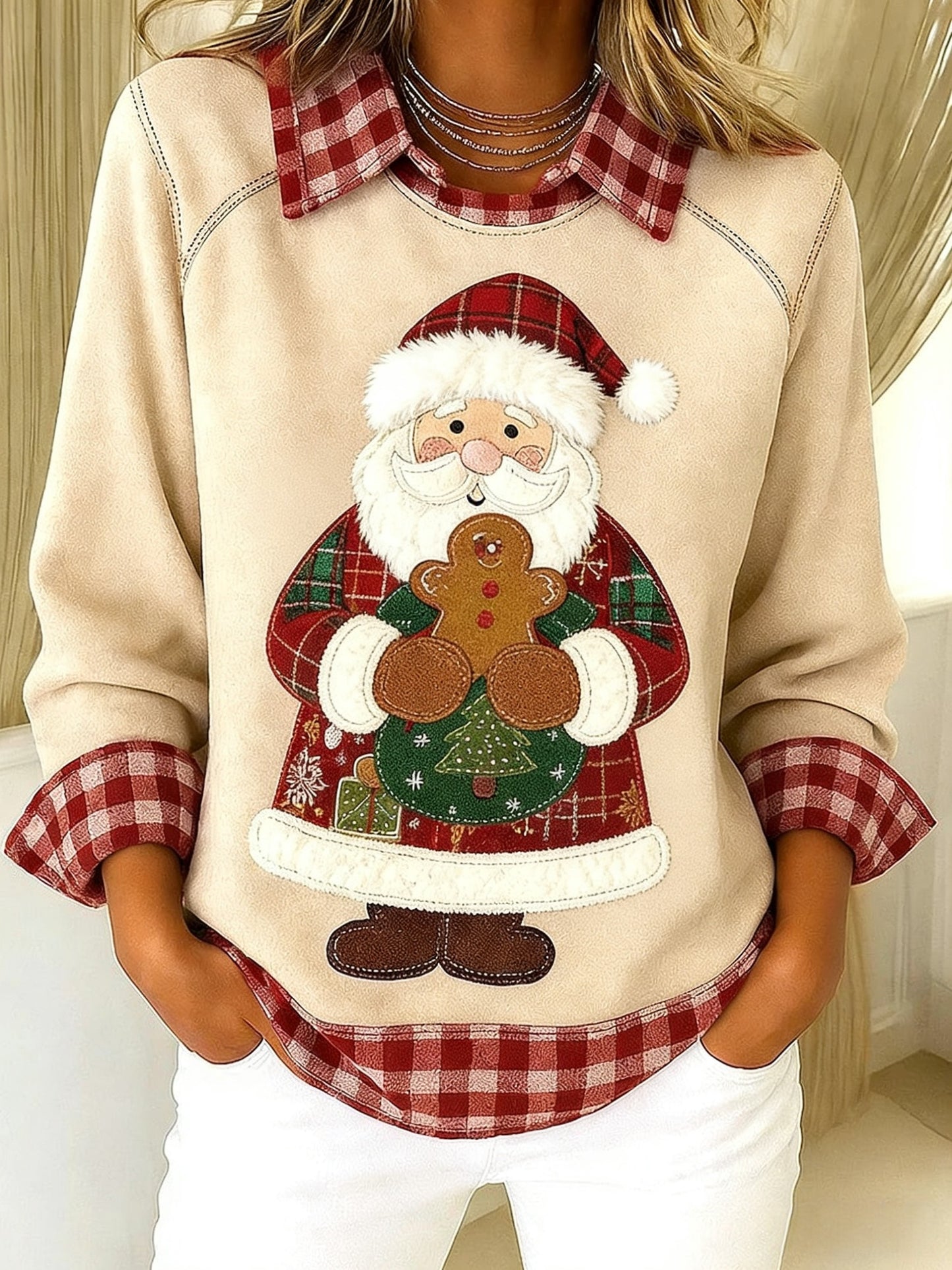 Vintage Christmas Santa Plaid Patchwork z nadrukiem luźna bluza z długim rękawem w klapie