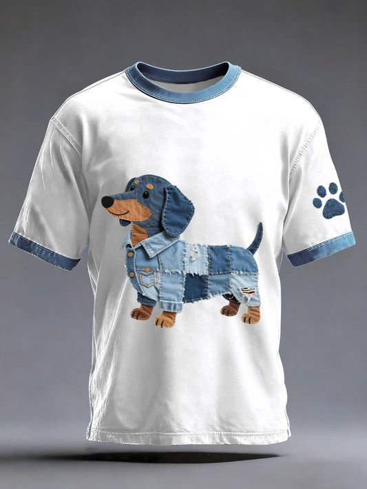 Męski jeansowy patchwork art jamnik pies wzór umyty T-Shirt