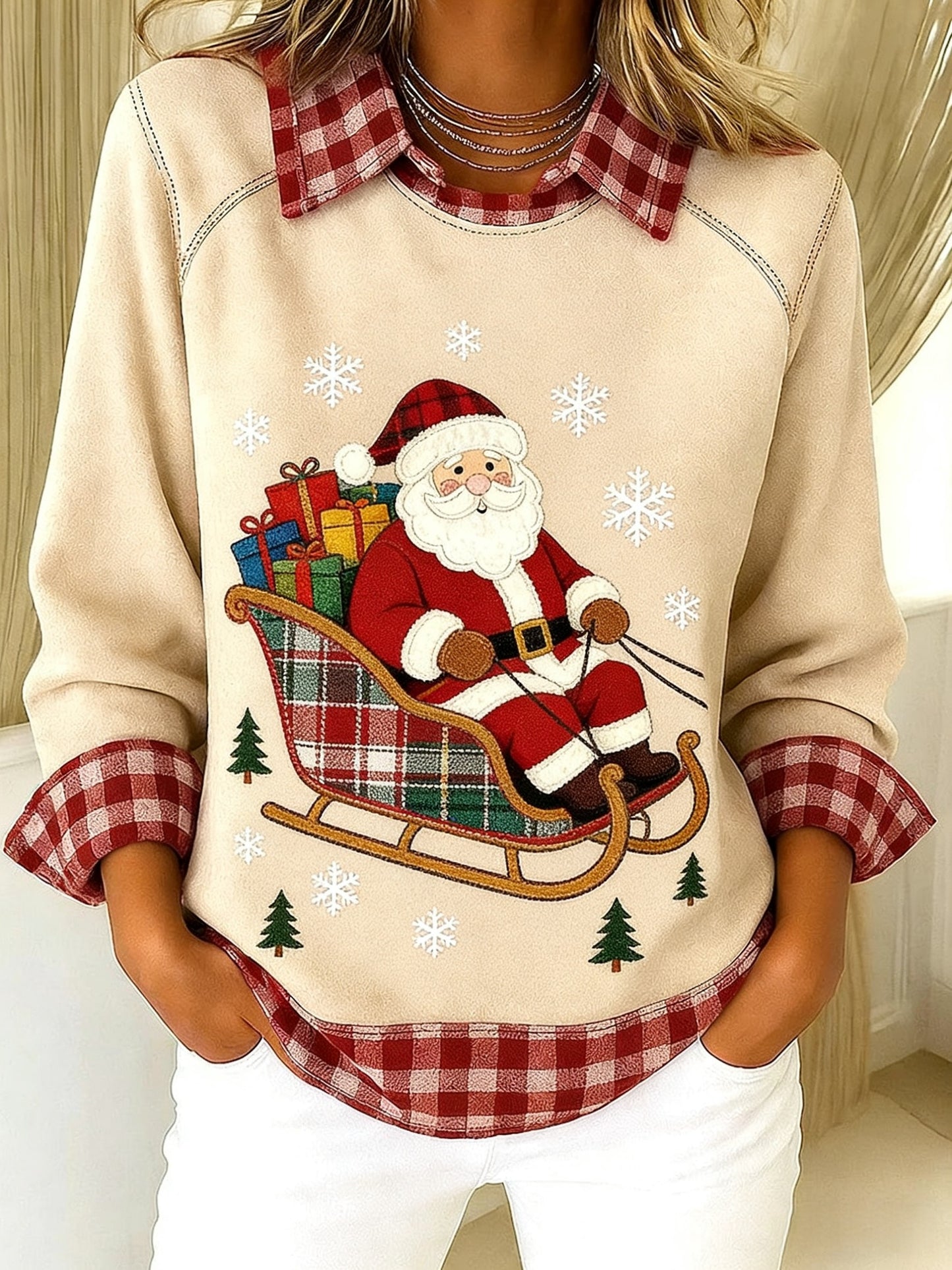 Vintage Christmas Santa Plaid Patchwork z nadrukiem luźna bluza z długim rękawem w klapie