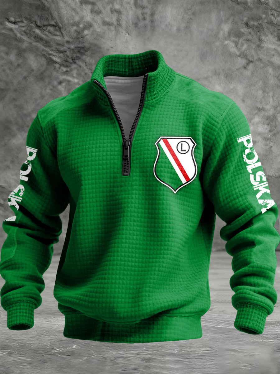 Retro Polski Godło Warszawy Waffle-Knit Pullover z zamkiem błyskawicznym