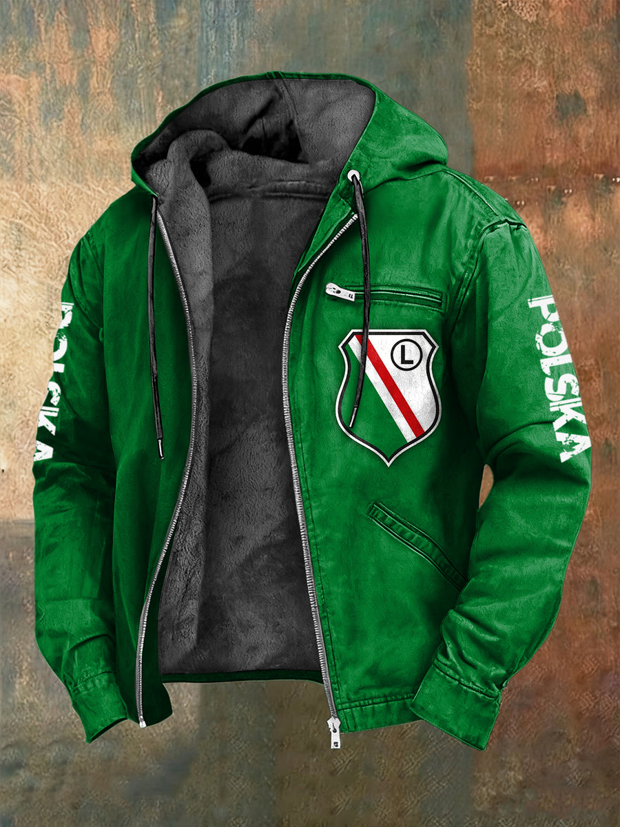 Retro polska kurtka z kapturem z godłem warszawskim z polarem