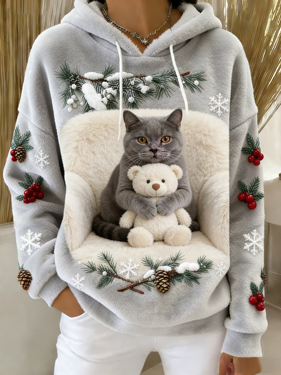 Damska wygodna flanelowa bluza z kapturem Retro Animal Art Print