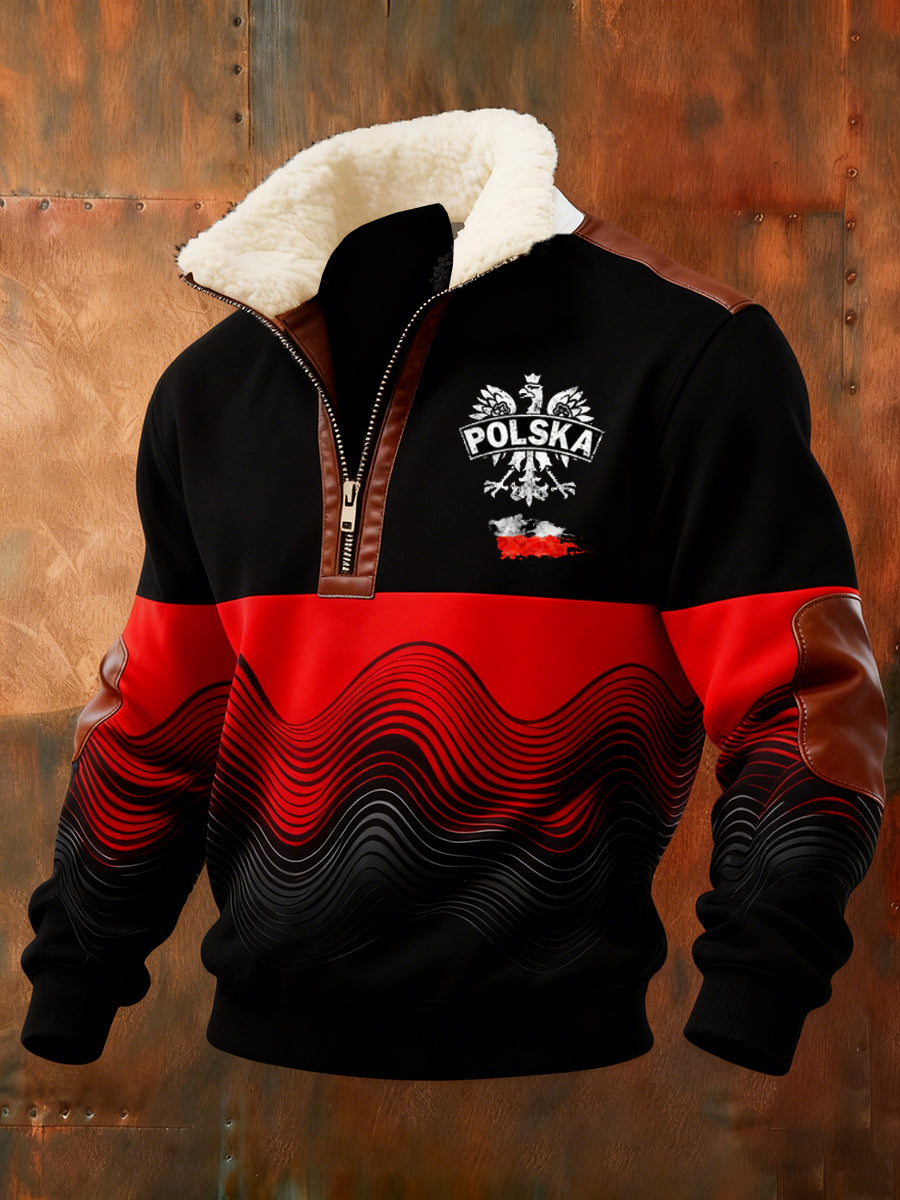Męska polska sztuka retro casualowa gruba futrzana bluza z kołnierzem