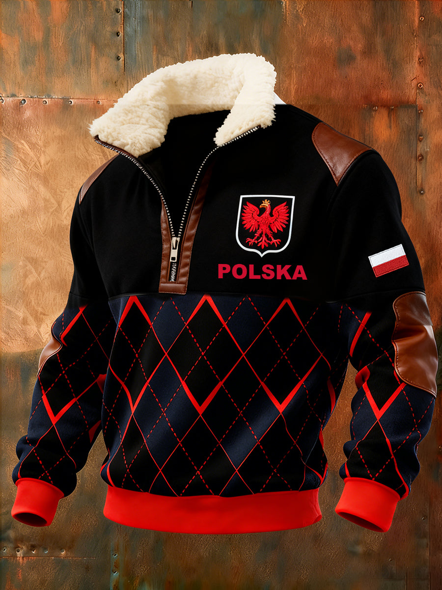 Męska polska sztuka retro casualowa gruba futrzana bluza z kołnierzem